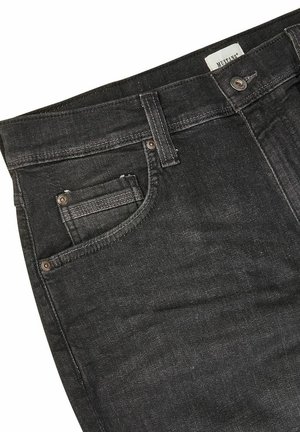 Schwarze Jeans aus Denim mit geradem Schnitt, ausgestattet mit einem klassischen Fünf-Taschen-Design, Metallknopfverschluss und dezenten Ziernähten.