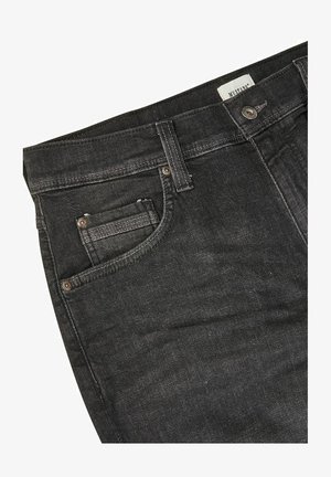Czarne dżinsy o prostym kroju, z klasycznym pięciopocketowym fasonem, metalowym zapięciem na guzik oraz subtelnymi detalami w szwach.