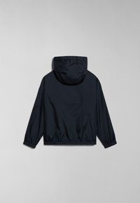 Marinblå lättviktsjacka med huva, elastiska ärmslut och nederkant. Tillverkad av glatt, vattenavvisande material. Seen bakifrån utan synliga logotyper.
