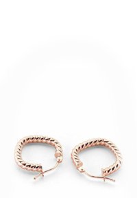 Rose gold hoop earrings with a twisted design and shiny surface, featuring a secure clasp and smooth texture.