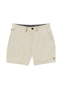 Beige shorts made from lightweight fabric, feature two side pockets, a button closure, and a logo accent on the lower left side.