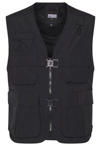 Black utility vest with multiple front pockets, zip closure, and mesh lining. Features adjustable hardware accents and a casual cut.