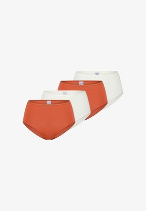 Four women's high-waist briefs in alternating colors orange and white, arranged in a staggered row on a white background.