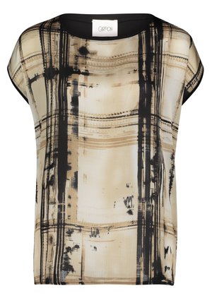 Kurzärmliges, locker sitzendes Oberteil in Beige mit schwarzem abstraktem Muster. Hergestellt aus leichtem Stoff mit glatter Textur und rundem Ausschnitt.