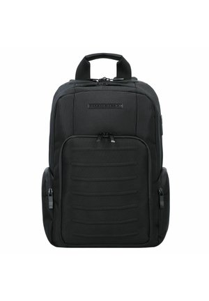 Sac à dos noir avec un tissu texturé, un panneau avant rembourré, deux compartiments à zip et une poignée supérieure renforcée pour le transport.