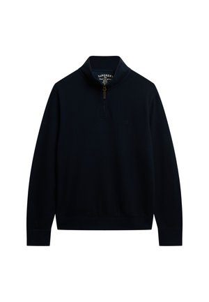 Marineblauwe fleece kwart-rits pullover met een hoge kraag, voorzien van een gouden rits en een klein geborduurd logo op de borst. Soepele textuur.