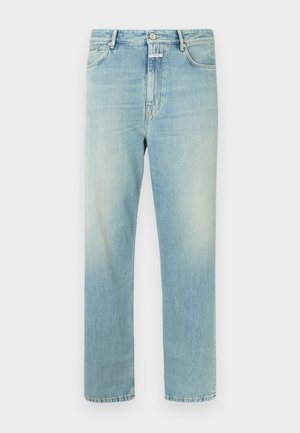 Light blue straight-leg jeans made of denim, featuring a classic five-pocket design, contrast stitching, and a button closure at the waist.