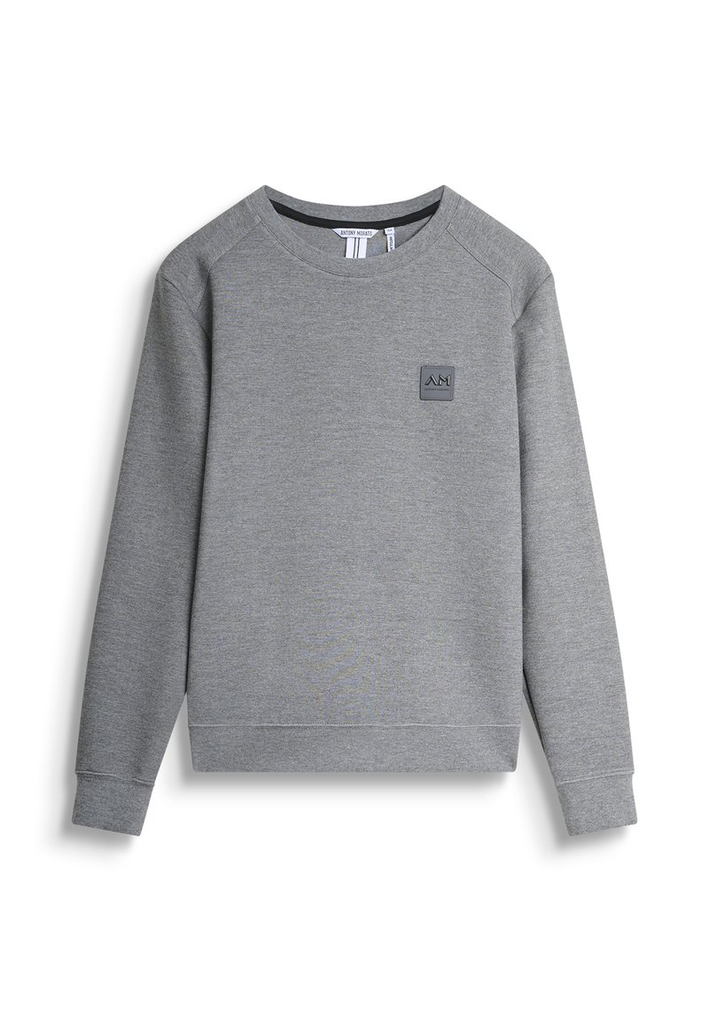 Sweatshirt grigio realizzato in tessuto morbido, con collo rotondo, maniche lunghe a raglan e un piccolo patch con logo sulla parte anteriore.