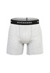 Lichtgrijze boxershorts van een zachte katoenmix, met een zwarte elastische tailleband waarop "SCOTCH & SODA" in het wit is gedrukt.