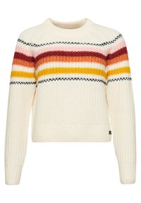 Pull en maille crème avec des rayures multicolores en rouge, orange, rose, jaune et noir. Présente un col et des poignets côtelés.