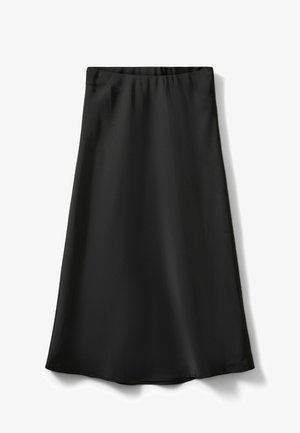 Black midi skirt made of smooth fabric, featuring an elastic waistband and a slightly flared silhouette, with no visible patterns or hardware.