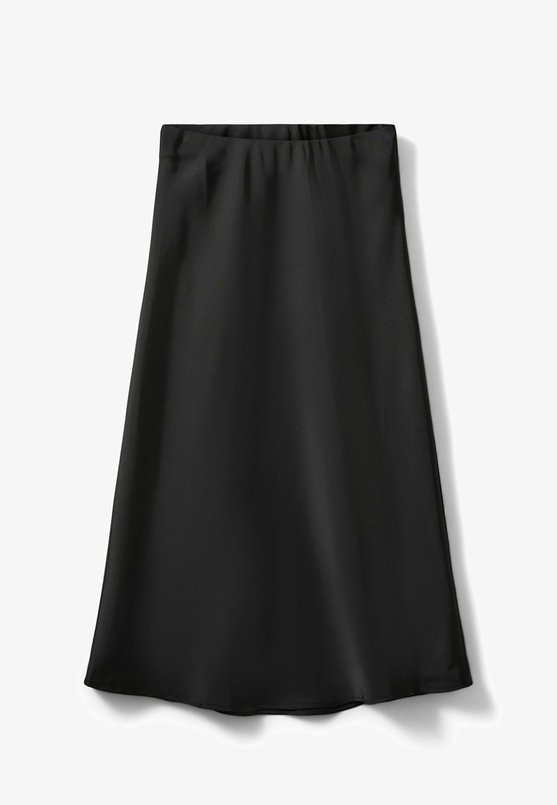 Jupe midi noire en tissu lisse, dotée d'une ceinture élastique et d'une silhouette légèrement évasée, sans motifs ni accessoires visibles.