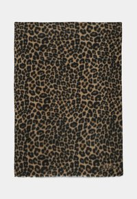 Écharpe marron avec un motif l�éopard noir et un logo de marque subtil près du bas sur un fond blanc.