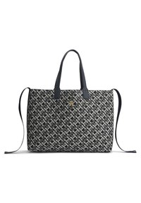Duża prostokątna torba podróżna z czarno-szarym geometrycznym wzorem, dwoma czarnymi uchwytami i małym złotym logo na środku z przodu.