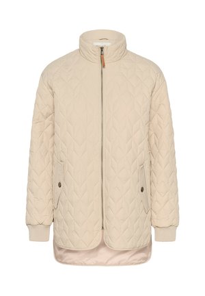 Béžová prošívaná bunda se zapínáním na přední zip, vysokým límcem, dvěma kapsami s klopami na druky, žebrovanými manžetami a zahnutým lemem, který je vzadu delší.