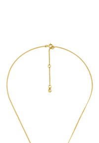 Collar de cadena de oro con un delicado diseño retorcido. Presenta un cierre de langosta y una pequeña etiqueta cerca del cierre para la identificación de la marca.