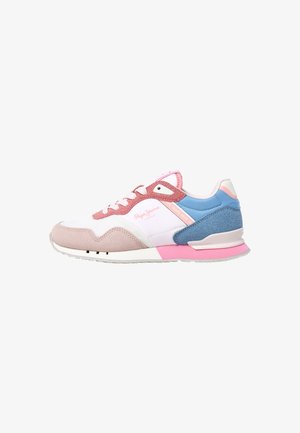 Niskie sneakersy z białymi, różowymi, beżowymi i niebieskimi panelami, z zapięciem na sznurówki i subtelnym logo na boku i języku.