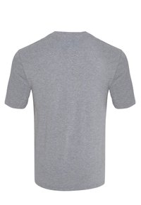 T-shirt gris en coton à manches courtes, col rond, texture lisse et ourlet droit. Vue de dos montrant un design simple et dépouillé.