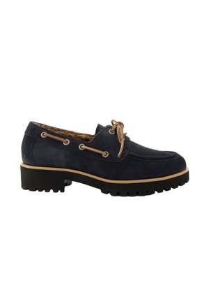 Dark navy suede loafer with tan leather laces, thick black lug sole, and brown interior lining, shown from the side on white background.