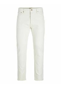 Białe dżinsowe spodnie o slim fit, z zapięciem na guziki, paskiem na szlufki i standardowymi kieszeniami. Gładka tekstura i minimalistyczny design.