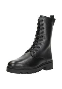 Zwarte leren gevechtslaars met een gestructureerd oppervlak, hoge enkel, ronde neus en dikke rubberen zool. Voorzien van duurzame veters en een trekband.