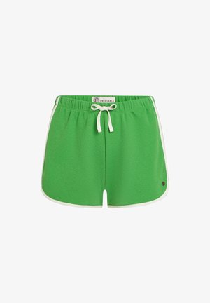 Vihreät shortsit, jotka on valmistettu kuvioidusta kankaasta ja joissa on kiristysnauha vyötäröllä, valkoiset sivukoristelut sekä logopatchi alareunan oikealla puolella.