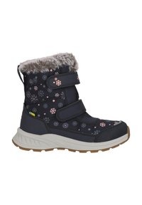 Wasserdichte navyblaue Winterstiefel mit pinkfarbener Schneeflockenmuster, grauem Kunstfellkragen, zwei verstellbaren Riemen und strukturiertem Gummisohle.