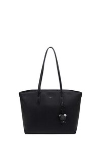 Black tote bag with textured material, slim handles, a rectangular shape, and a decorative charm featuring geometric shapes and accents.
