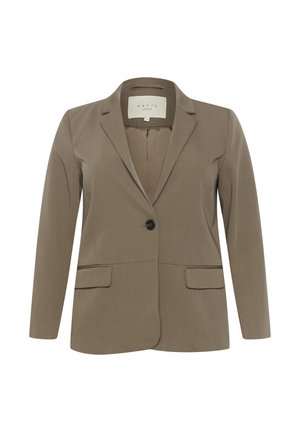 Brauner maßgeschneiderter Blazer mit Reverskragen, einem einzelnen schwarzen Knopf vorne, Klappentaschen und langen Ärmeln.