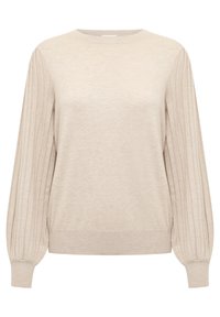 Vaalea beige neulepaita pyöreällä kaula-aukolla, pitkissä ribatatuissa puffihulmuissa, pehmeässä materiaalissa ja mukautuvassa helmassa. Minimalistinen muotoilu ilman kuvioita tai yksityiskohtia.