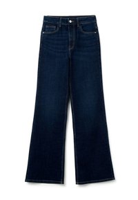 Vaqueros de pierna ancha en denim índigo oscuro, con una cintura alta, bolsillos delanteros, bolsillos traseros y costuras en contraste a lo largo de las costuras.
