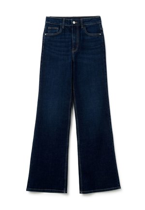 Jeans a gamba larga in denim indaco scuro, con vita alta, tasche frontali, tasche posteriori e cuciture a contrasto lungo le cuciture.