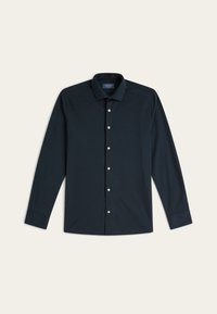 Donker marineblauwe blouse met lange mouwen van gladde stof, met een button-down kraag en witte knopen langs de voorflap.