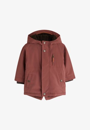 Børns rustfarvede vinterjakke med hætte, trykknapper, brystlomme med lynlås og to forlommer, foret med mørkt fleece indeni.
