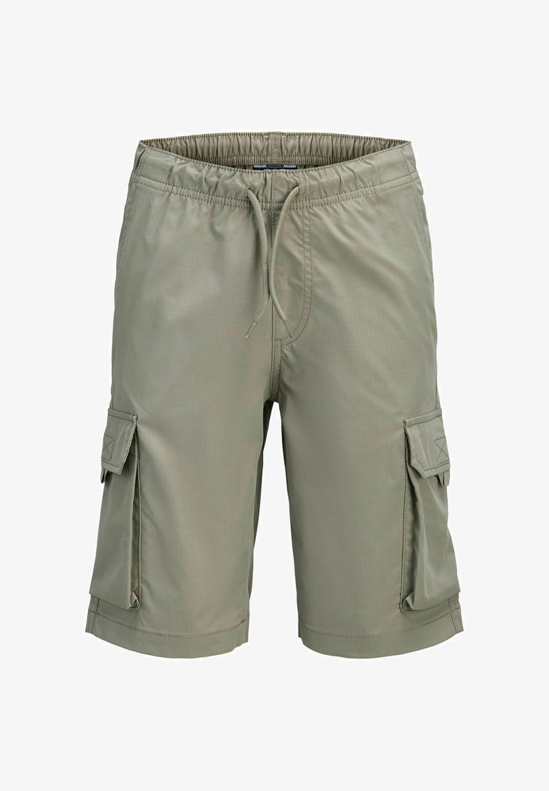 Shorts cargo vert clair avec taille élastique, cordon de serrage et poches à rabat de chaque côté.