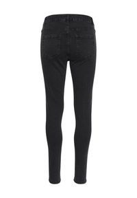 Jeans skinny noirs avec une texture lisse et extensible. Dotés d'une taille mi-haute, de deux poches arrière et de détails de couture le long des coutures.