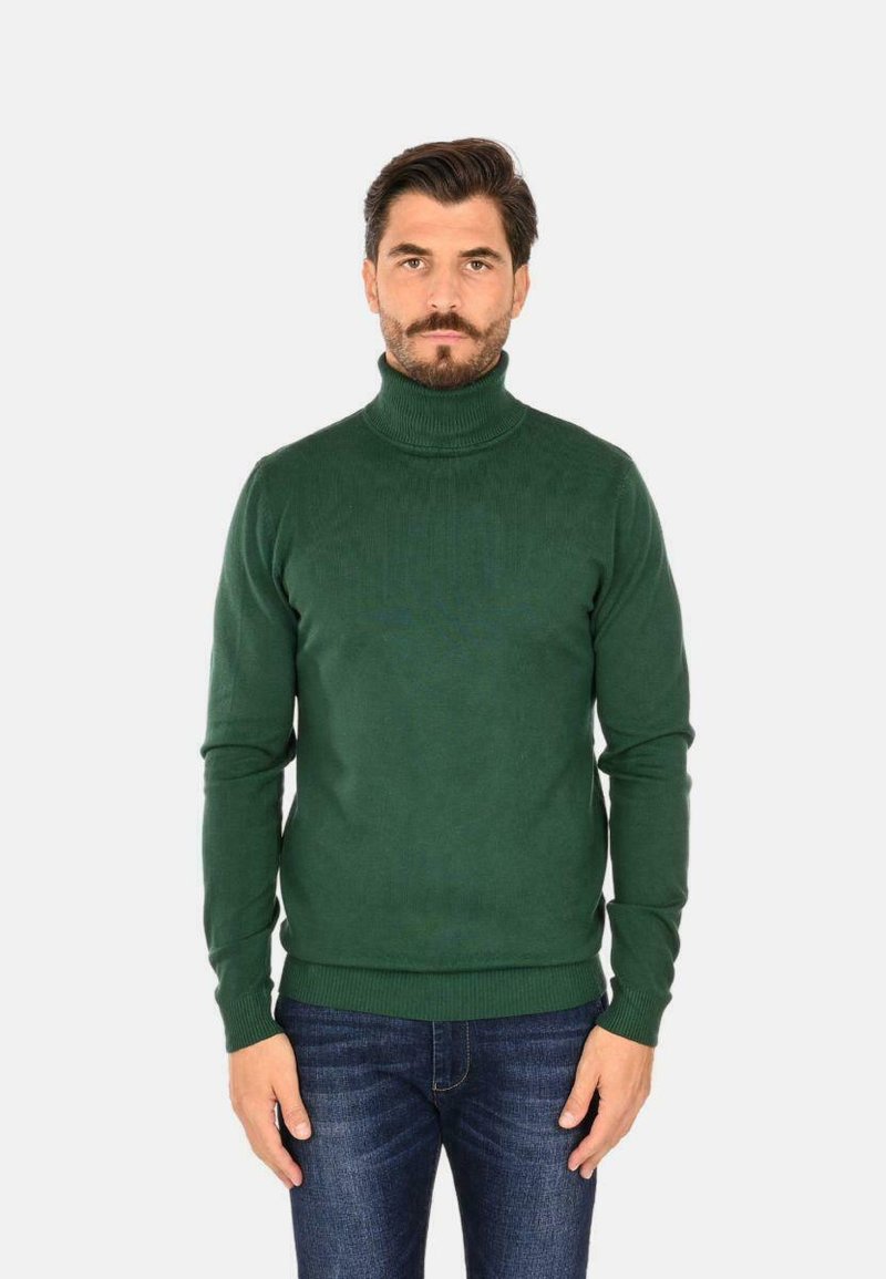 Maglione verde a collo alto realizzato in tessuto a coste, caratterizzato da un design aderente, maniche lunghe e un colore uniforme senza motivi.