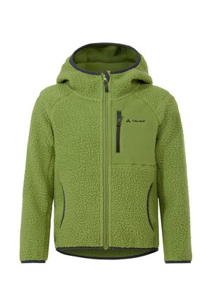 Grüne Fleecejacke mit Kapuze, Frontreißverschluss, Brustreißverschlusstasche und zwei Seitentaschen aus einem strukturierten, weichen Stoff.