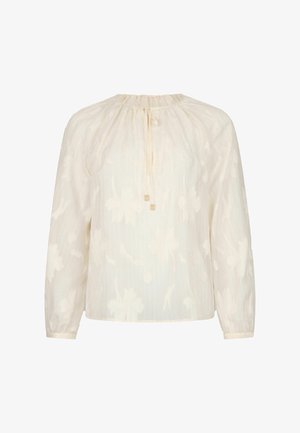 Blusa di cotone chiaro con maniche lunghe, scollatura arricciata, chiusura con cordoncino, motivo floreale testurizzato e strisce verticali. Tessuto morbido e leggero.