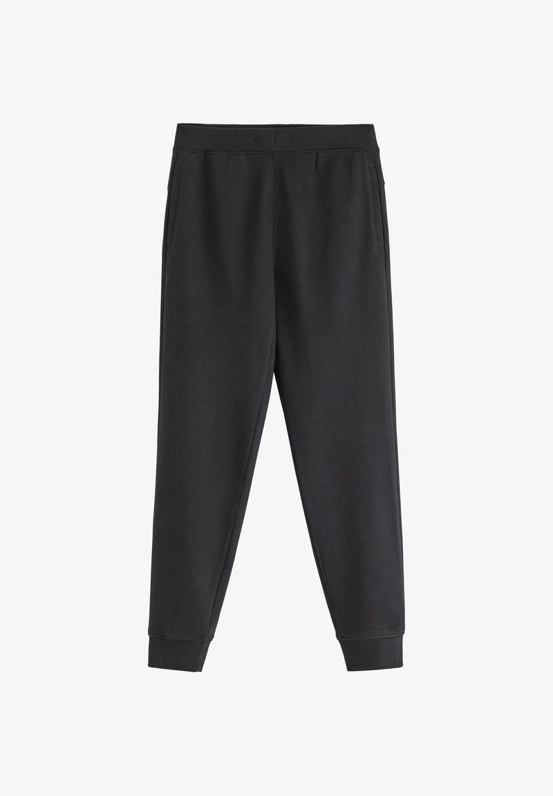 Pantalon de jogging noir fuselé avec taille et poignets élastiques, doté de poches latérales, posé à plat sur un fond blanc.