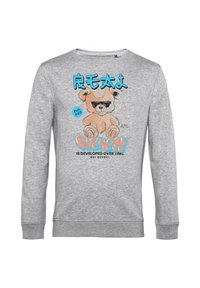 Grijze sweatshirt met een beer grafiek in een zonnebril, blauwe tekst en zwarte letters. De stof lijkt zacht met een klassiek ronde hals ontwerp.