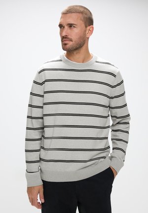 Lichtgrijs gebreid sweater met zwarte horizontale strepen, ribbelboord bij de hals en mouwen. Zachte textuur met een ontspannen pasvorm, gedragen over donkere broek.