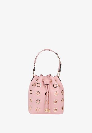 Pink leather bucket bag featuring metallic circular grommets, braided strap, and drawstring closure. Smooth texture with gold accents.