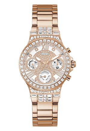 Armbanduhr in Roségold mit einem gemusterten Zifferblatt, Chronograph-Funktionen, verziert mit klaren Kristallen und einem Metallgliederarmband.