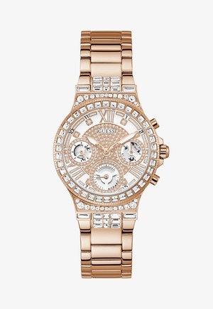 Armbanduhr in Roségold mit einem gemusterten Zifferblatt, Chronograph-Funktionen, verziert mit klaren Kristallen und einem Metallgliederarmband.