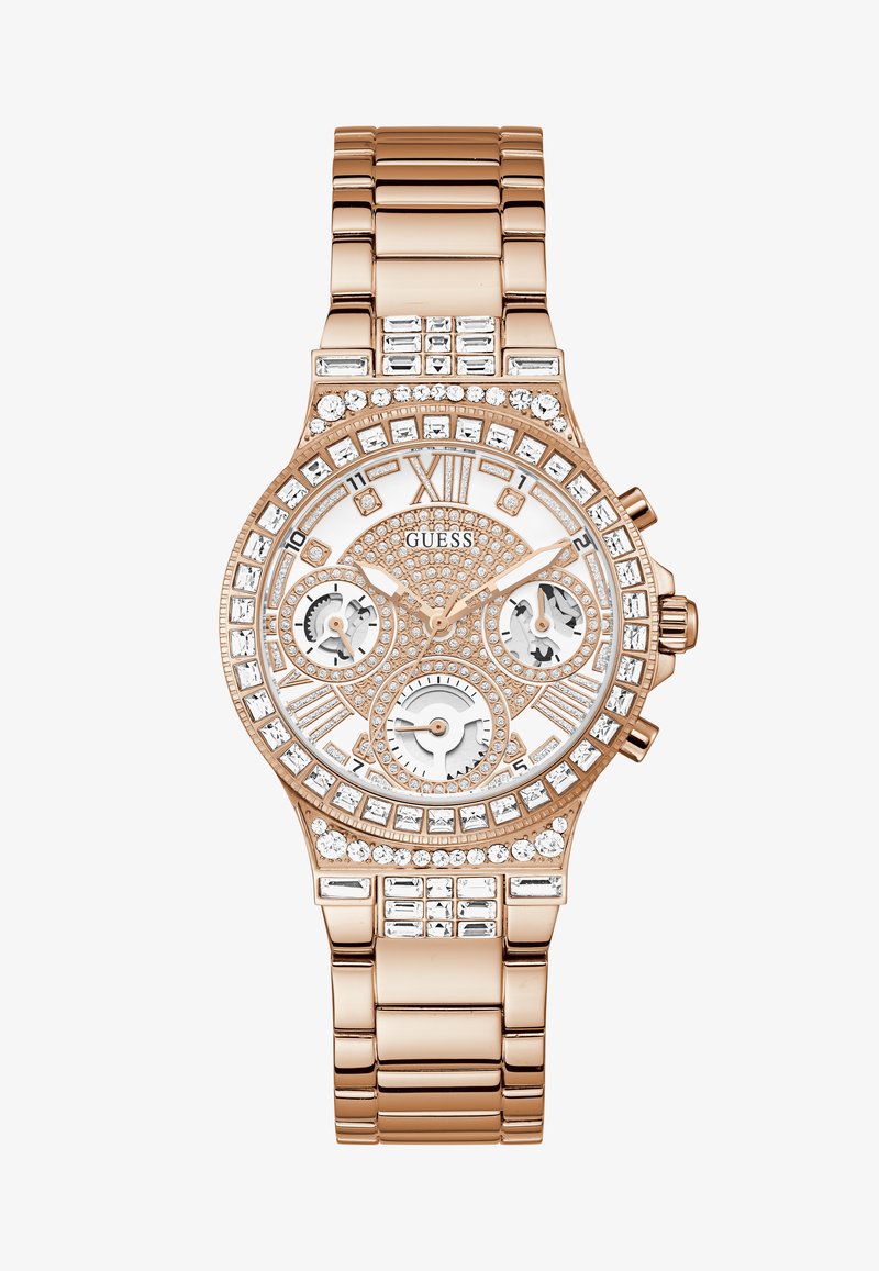 Armbanduhr in Roségold mit einem gemusterten Zifferblatt, Chronograph-Funktionen, verziert mit klaren Kristallen und einem Metallgliederarmband.