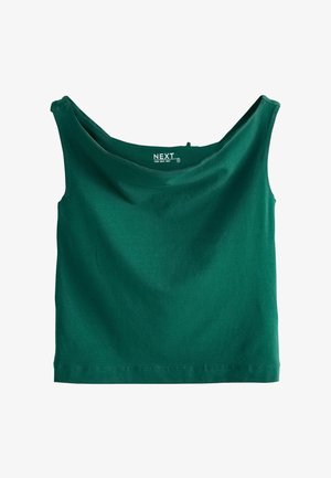 Mouwloze donkergroene cropped tanktop met een brede ronde halslijn en een getailleerde pasvorm.