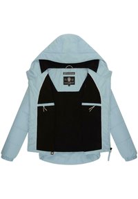 Light blue puffer jacket with a hood, featuring black lining, dual front pockets, and a zipper closure with a string accent.