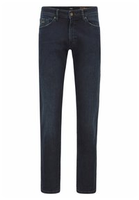 Tmavě modré jeansy z denimu se středním střihovým stylem, designem s pěti kapsami a kontrastním světlým šitím. Obsahují zip na přední straně a kovové zapínání na knoflík.