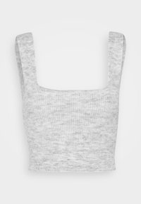 Jasnoszary dzianinowy krótki top z szerokimi ramiączkami, kwadratowym dekoltem i prążkowaną teksturą. Brak widocznych wzorów ani zdobień.